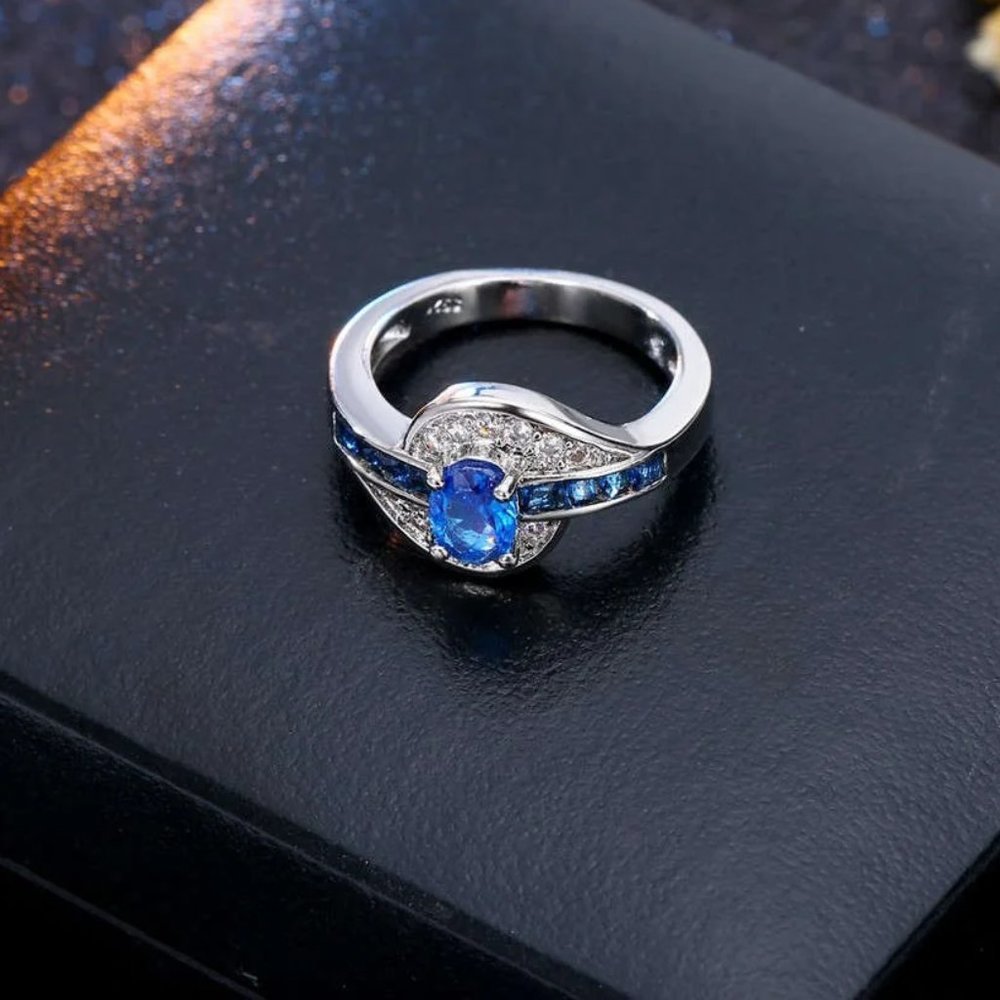 Ladies Blue Sapphire & White Oval Cut Bridal Ring .925 Solid Sterling Silver - Picture 5 of 7
